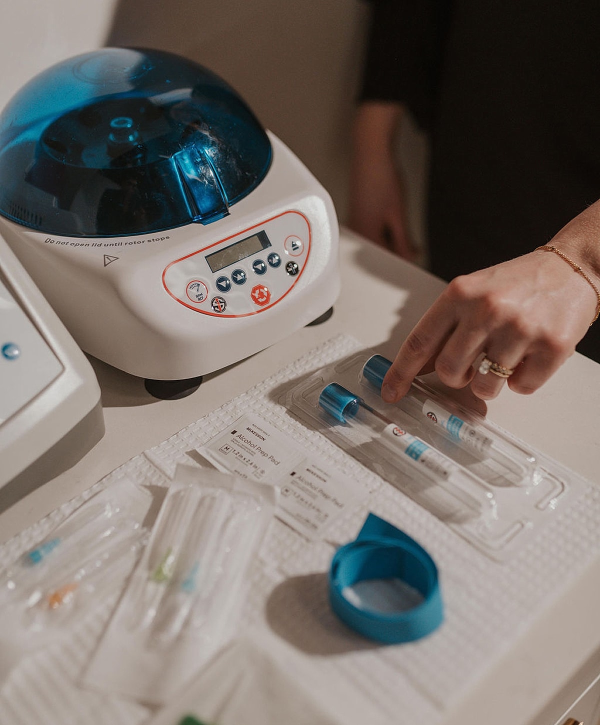 Laboratory equipment with sample preparation tools.