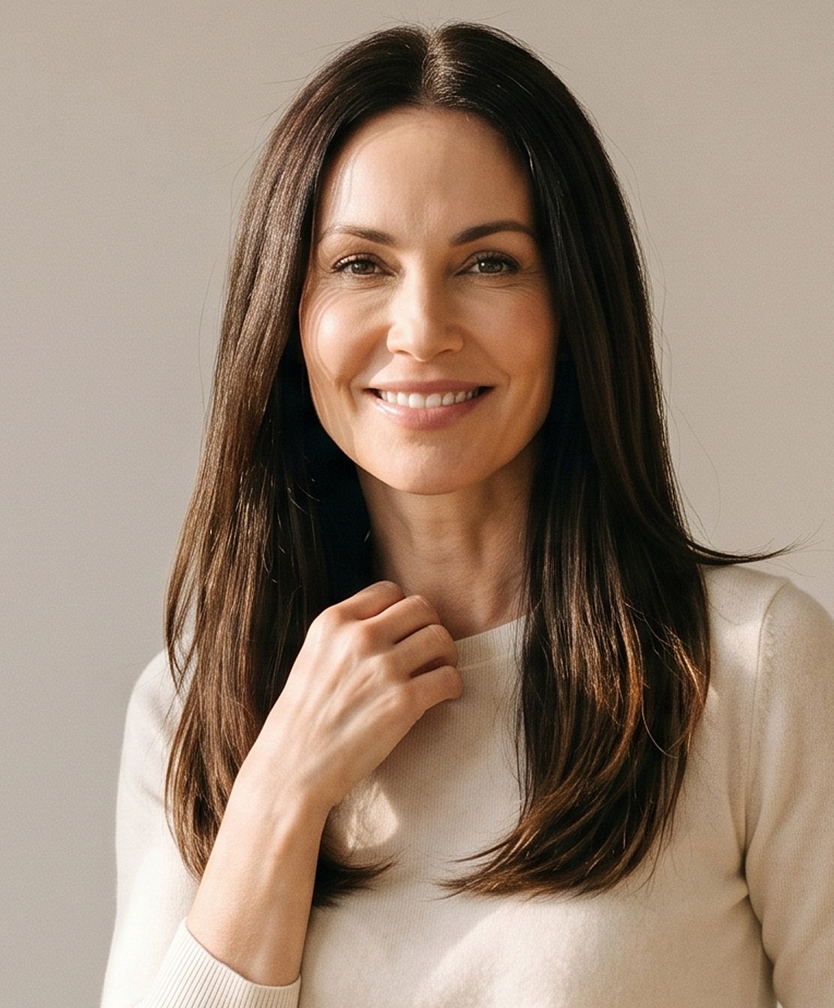Smiling woman with long, dark hair.