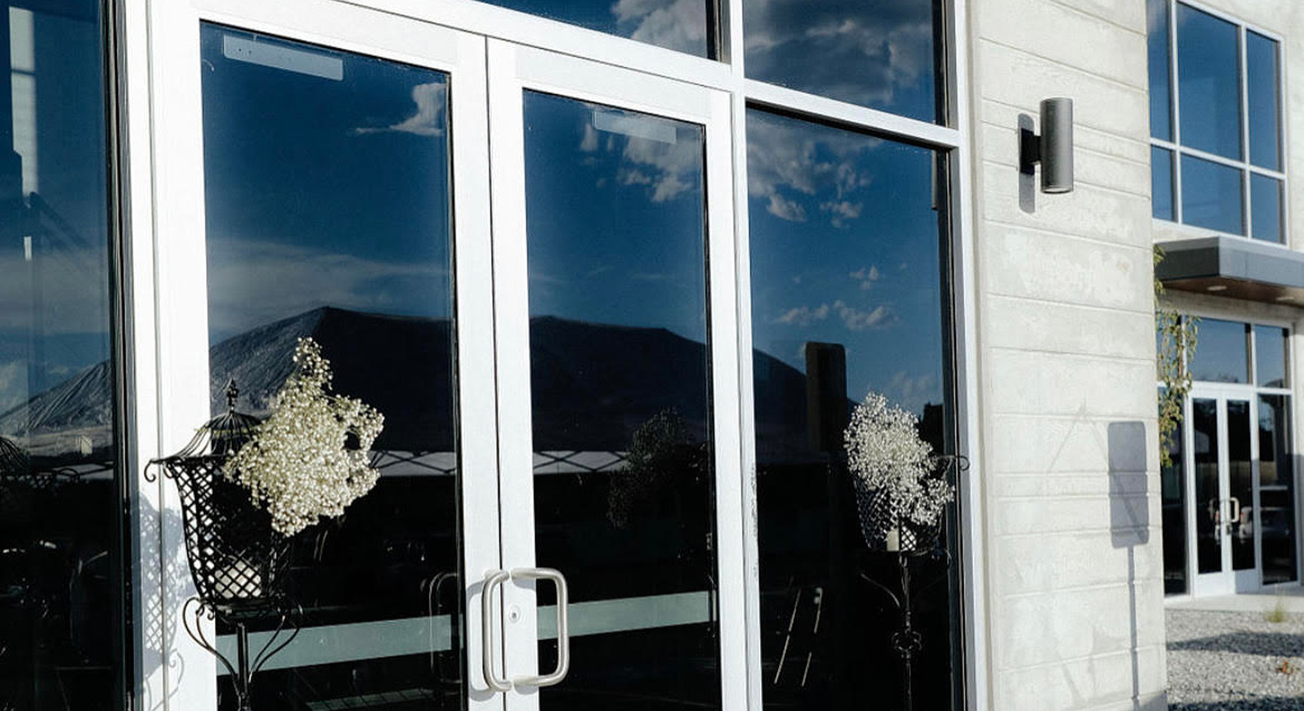 Modern glass doors with decorative flowers.