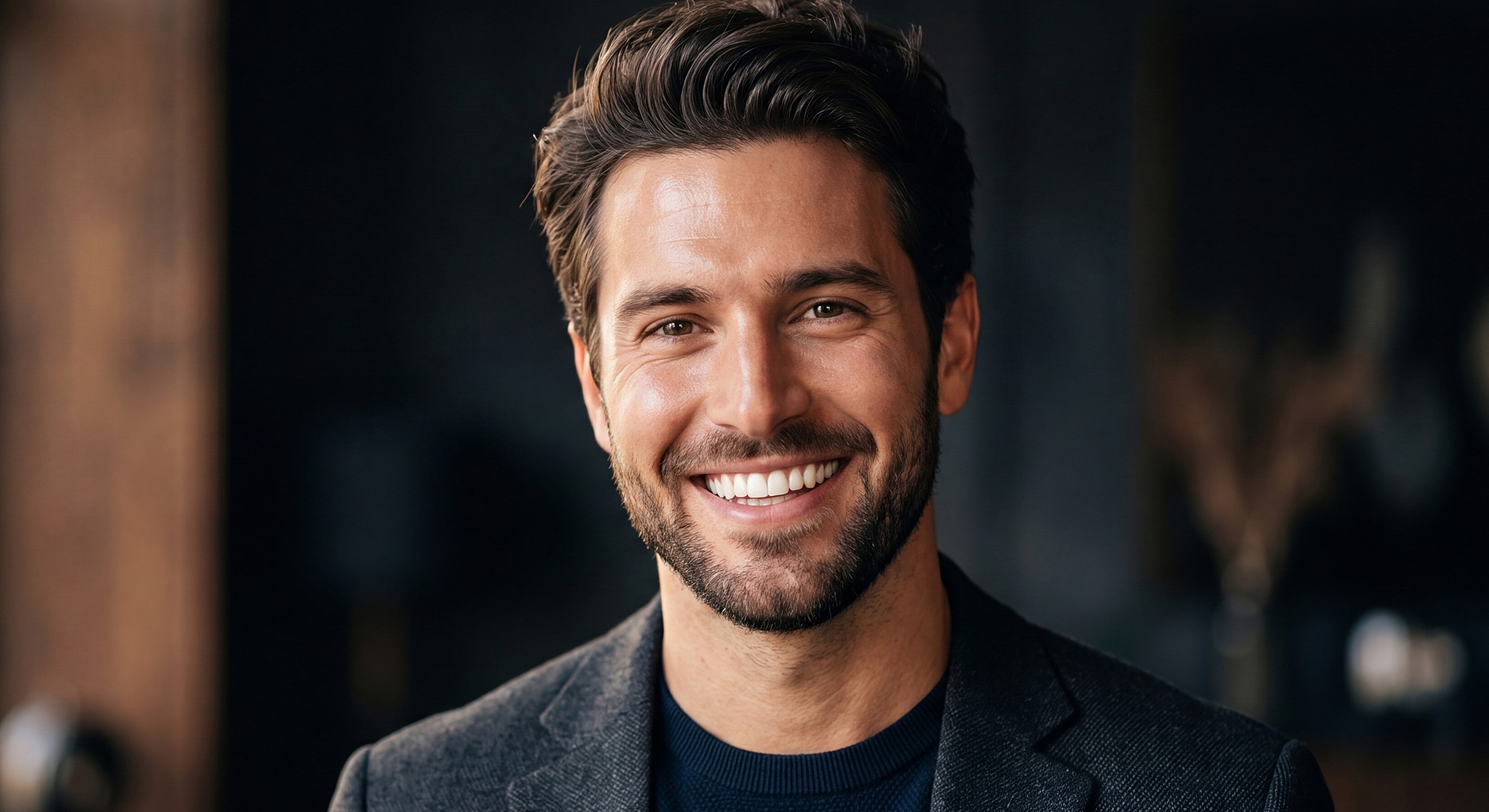 Smiling man in a stylish suit jacket.