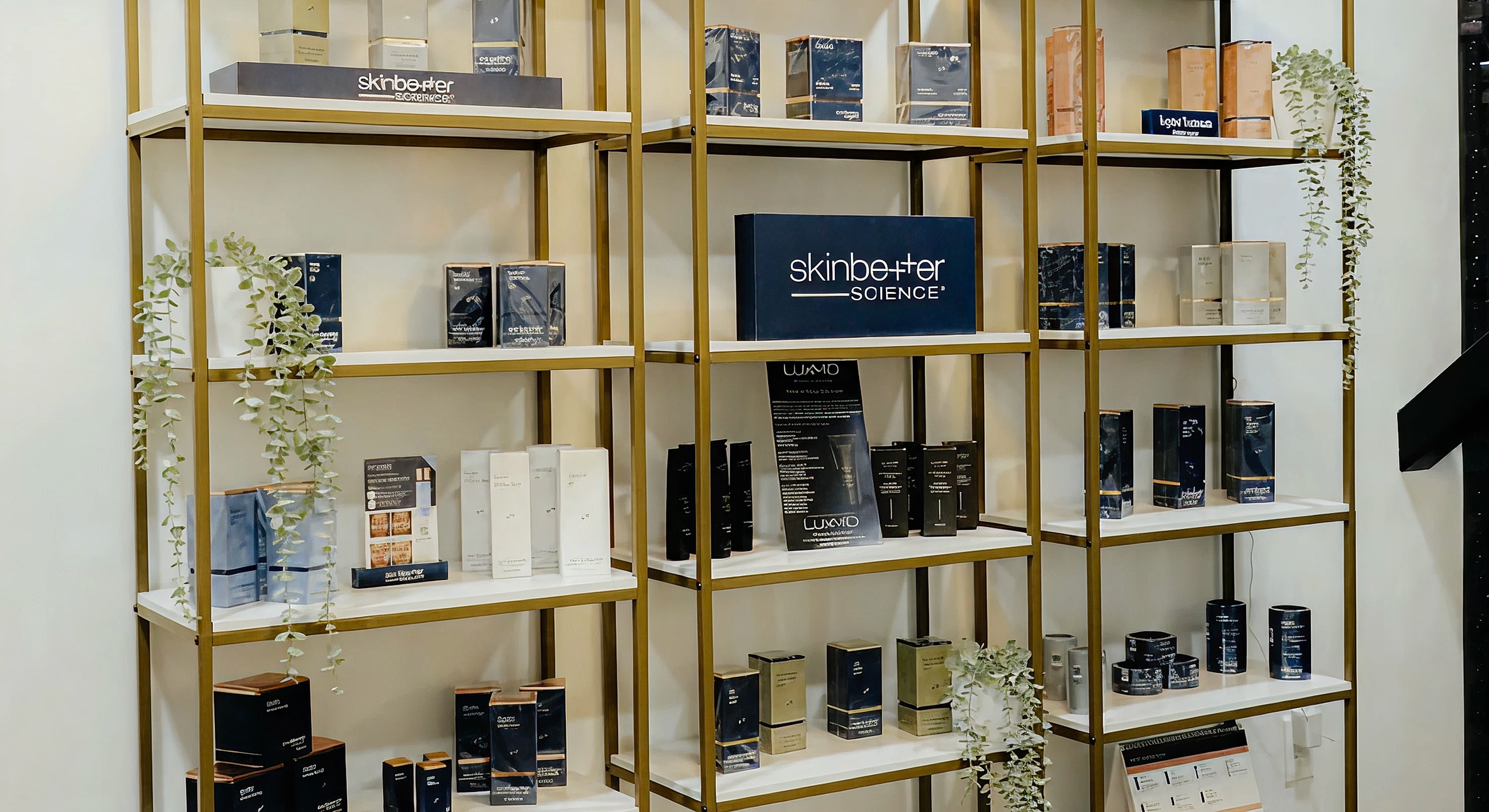 Skin care products displayed on shelves.